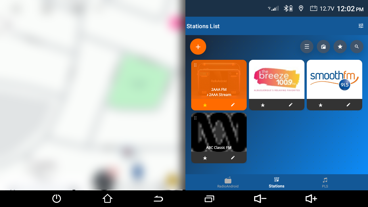 Aftermarket car head unit - station list next to a running navigation app
