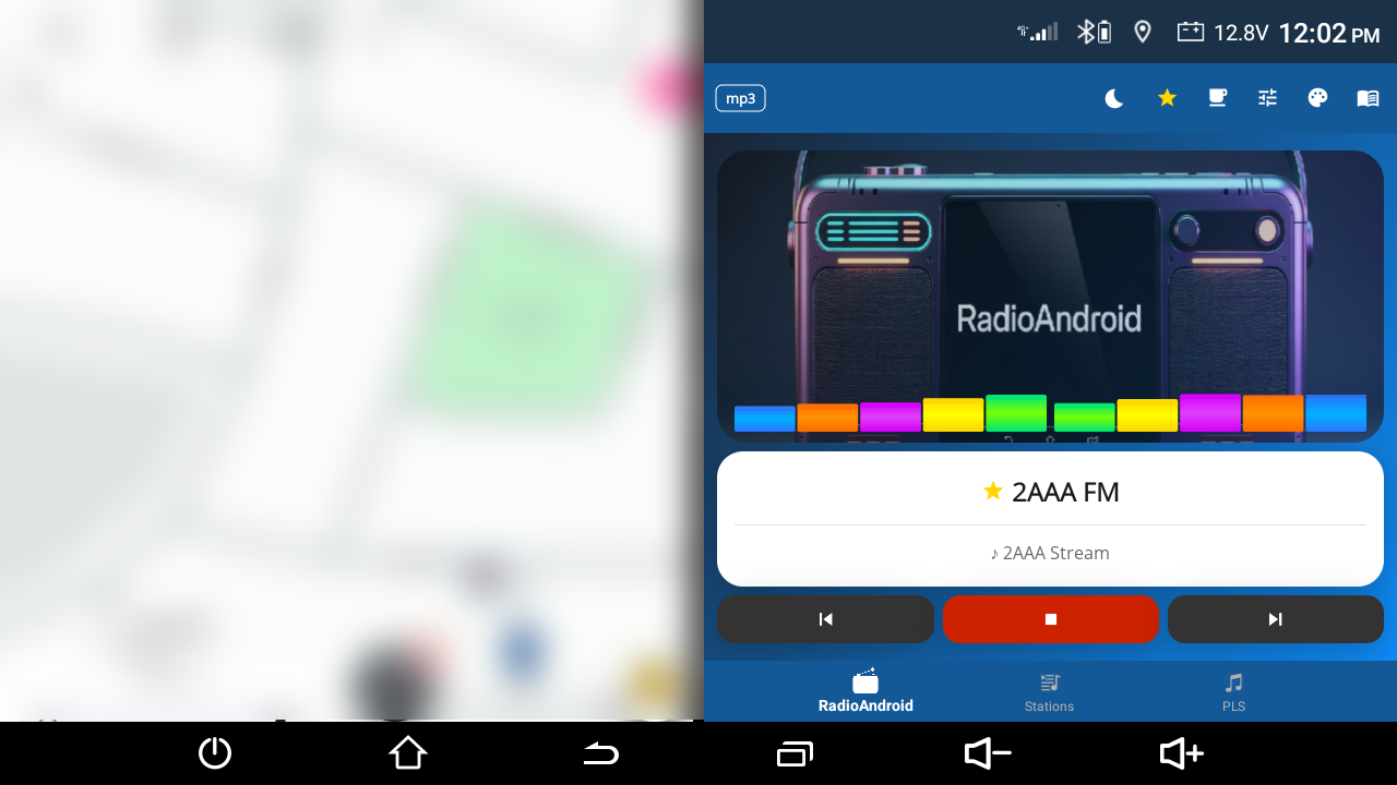 Aftermarket car head unit - player and VU meter next to a running navigation app
