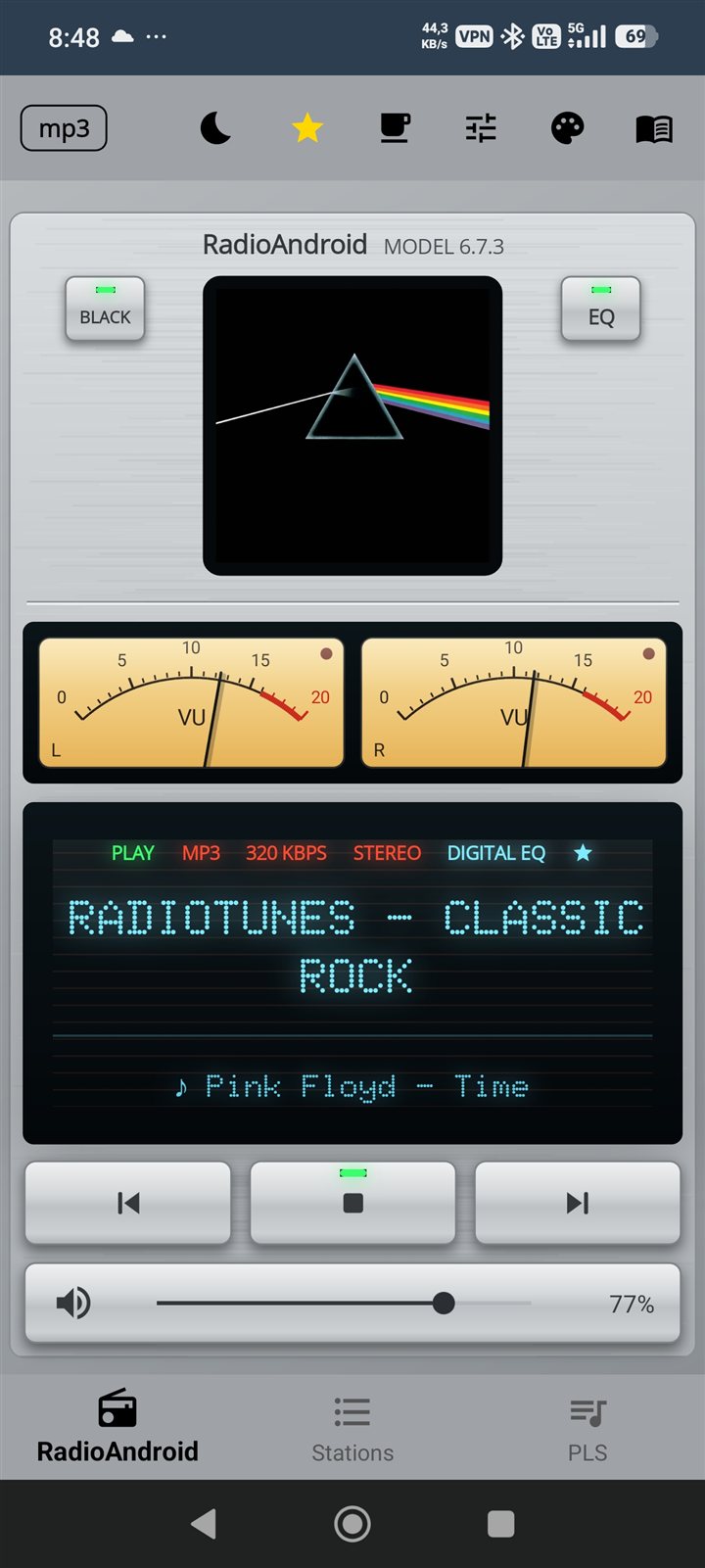Vintage player style, silver, with the two needle VU meters moving live
