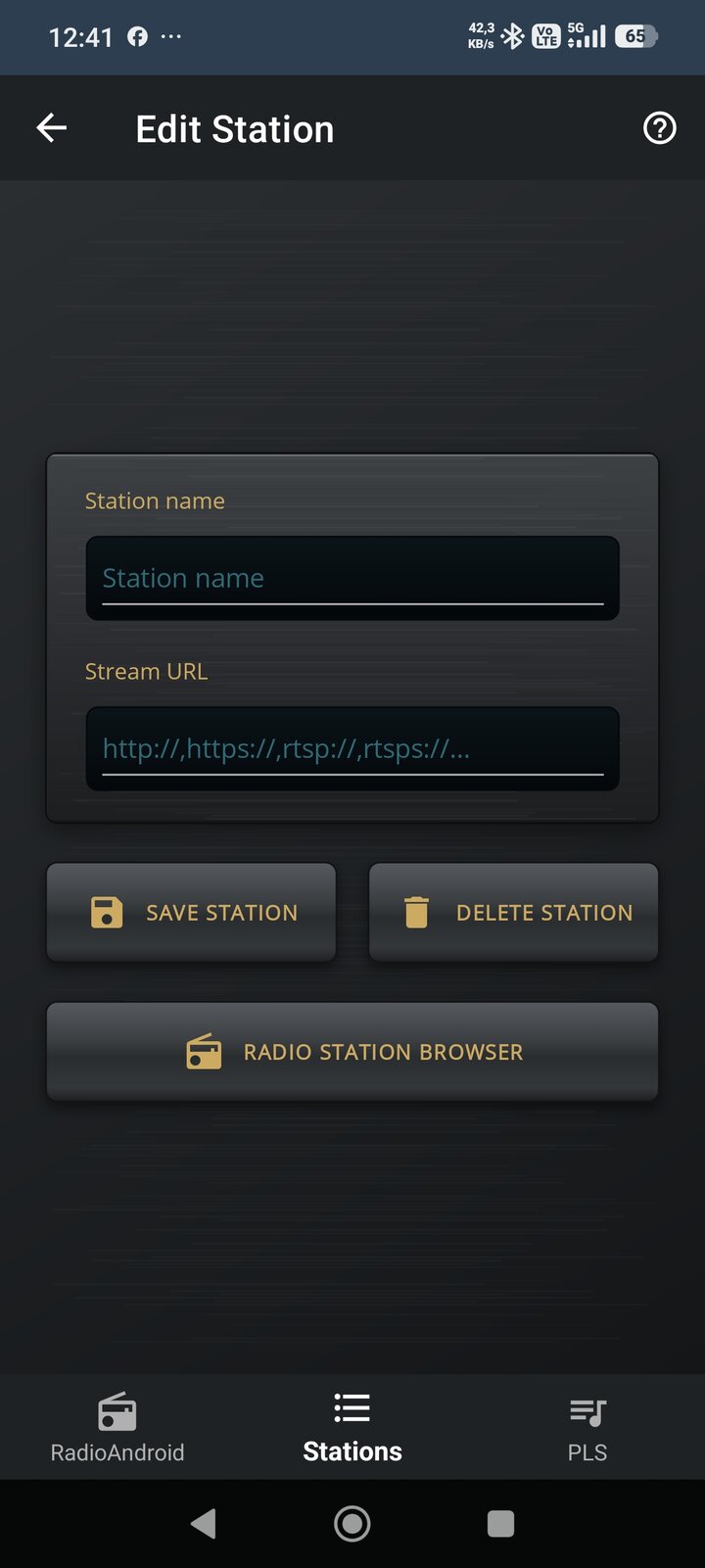 Vintage style, black - station editor with name, stream URL and Radio Station Browser