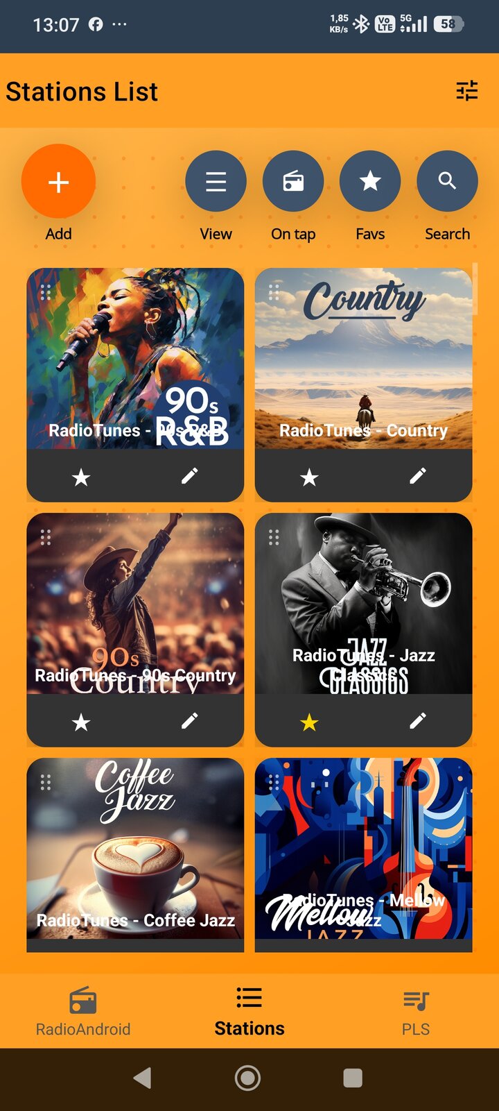 Station tiles with RadioTunes artwork on the orange skin